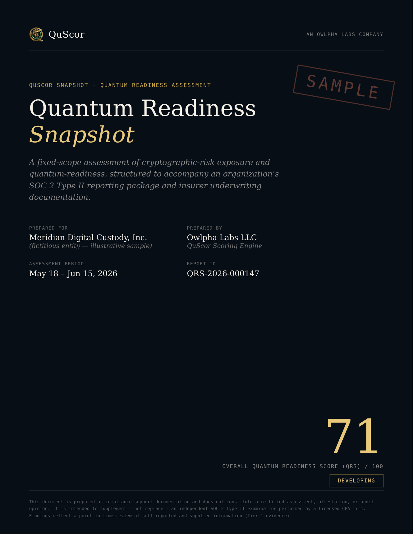 QuScor Snapshot sample report, cover page